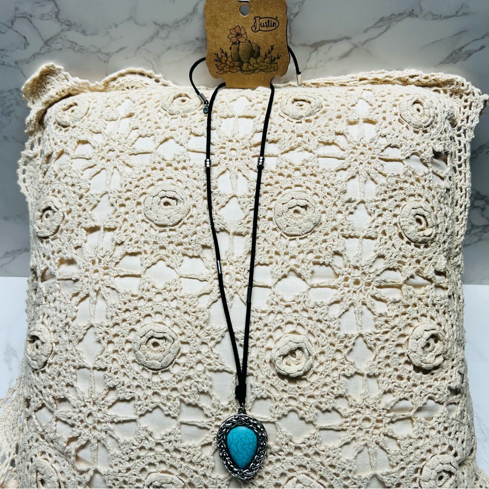 JUSTIN Turquoise Bolo Necklace|Western‎ Silver Chain Statement Pendant|NWT